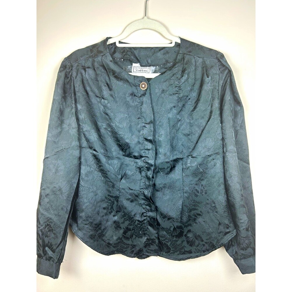 Vintage Charlotte Van Horne Women’s Blouse S Black Satin Floral Jacquard Button